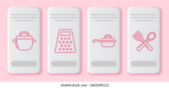 Set line Cooking pot , Grater , Frying pan  and Crossed fork and spoon . White rectangle button. Vector