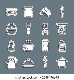 Set line Cooking pot, Grater, Scales, Electric mixer, Fork, Kitchen timer, Electronic scales and Blender icon. Vector