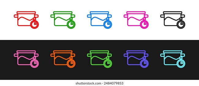 Set line Cooking pot icon isolated on black and white background. Boil or stew food symbol.  Vector