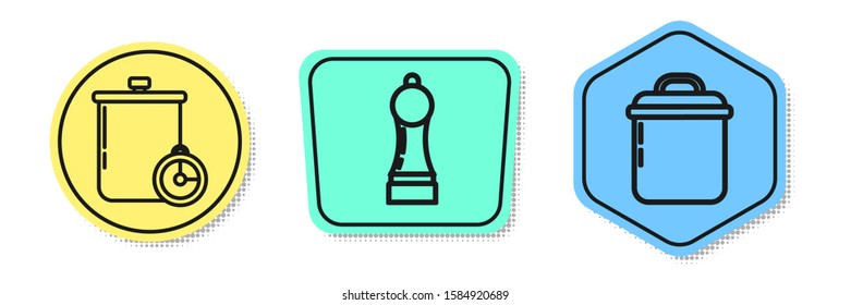 Set line Cooking pot and kitchen timer , Pepper  and Cooking pot . Colored shapes. Vector