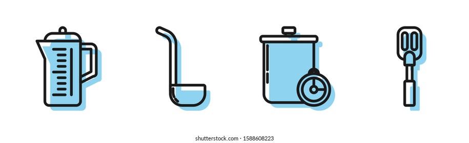 Set line Cooking pot and kitchen timer , Teapot , Kitchen ladle  and Spatula  icon. Vector