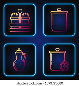 Set line Cooking pot and kitchen timer , Bottle of olive oil , Salt and pepper  and Cooking pot . Gradient color icons. Vector