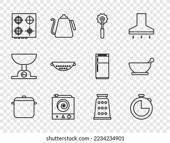 Set line Cooking pot, Kitchen timer, Pizza knife, Electric stove, Gas, colander, Grater and Mortar pestle icon. Vector