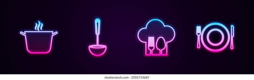 Set line Cooking pot, Kitchen ladle, Chef hat with fork and spoon and Plate, knife. Glowing neon icon. Vector