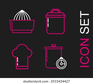 Set line Cooking pot and kitchen timer, Chef hat,  and Citrus fruit juicer icon. Vector