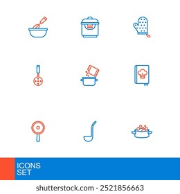 Set line Cooking pot, Kitchen ladle, Frying pan, Cookbook, Spatula, and spice, Oven glove and Slow cooker icon. Vector