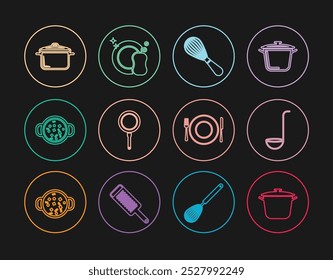 Set line Cooking pot, Kitchen ladle, whisk, Frying pan, soup, Plate, fork and knife and Washing dishes icon. Vector