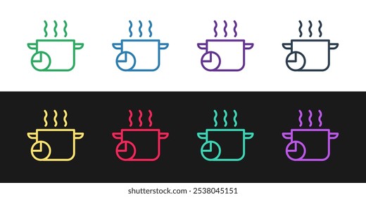 Set line Cooking pot and kitchen timer icon isolated on black and white background. Boil or stew food symbol.  Vector