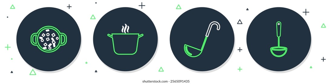 Set line Cooking pot, Kitchen ladle, soup and  icon. Vector