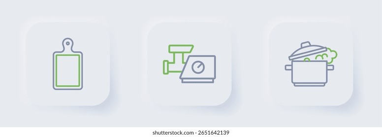 Set-Linie Kochtopf, Küchenfleischschleifer und Schneidebrett-Symbol. Vektorgrafik