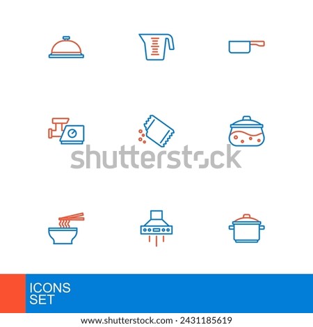 Set line Cooking pot, Kitchen extractor fan, Asian noodles bowl, meat grinder, Packet of pepper, Frying pan and Measuring cup icon. Vector