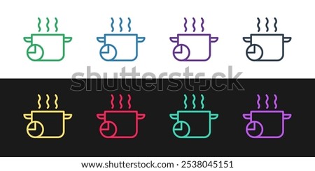 Set line Cooking pot and kitchen timer icon isolated on black and white background. Boil or stew food symbol.  Vector