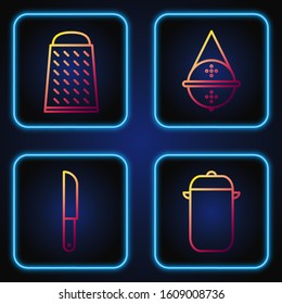 Set line Cooking pot, Knife, Grater and Ball tea strainer. Gradient color icons. Vector
