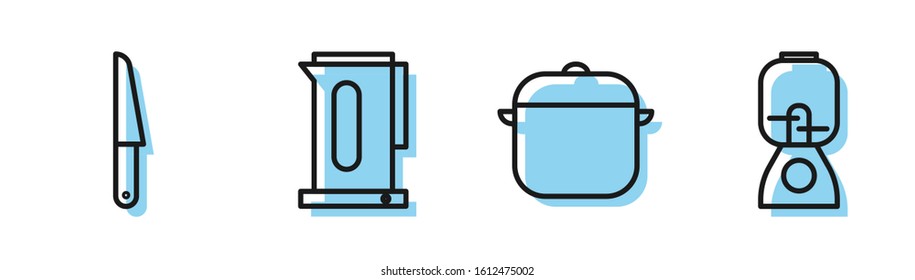 Set line Cooking pot, Knife, Kettle with handle and Blender icon. Vector