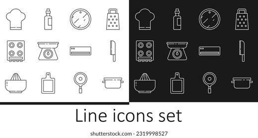 Set-Linie Koch-Topf, Messer, Schneidebrett, Schuhe, Gasherd, Kochmütze, Klimaanlage und Flasche von Olivenöl Symbol. Vektorgrafik