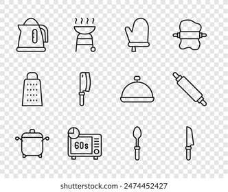 Set line Cooking pot, Knife, Oven glove, Microwave oven, Electric kettle, Meat chopper, Teaspoon and Rolling pin icon. Vector