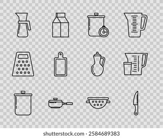 Set line Cooking pot, Knife, and kitchen timer, Frying pan, Measuring cup, Cutting board, Kitchen colander and  icon. Vector