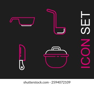Set line Cooking pot, Knife, Kitchen ladle and Frying pan icon. Vector