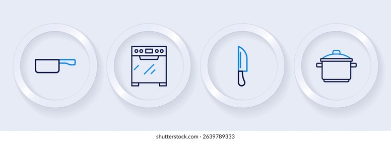 Set line Cooking pot, Knife, Oven and Frying pan icon. Vector