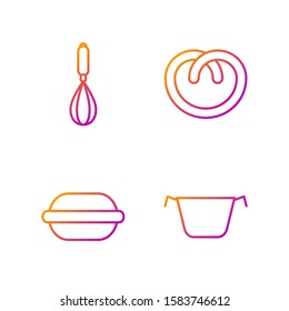 Set line Cooking pot , Macaron cookie , Kitchen whisk  and Pretzel . Gradient color icons. Vector