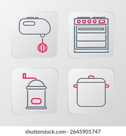Set line Cooking pot, Manual coffee grinder, Oven and Electric mixer icon. Vector