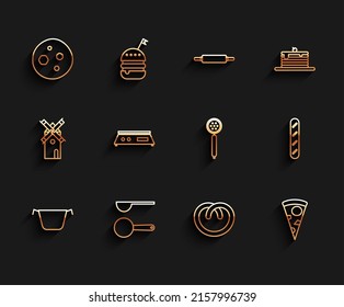 Set line Cooking pot, Measuring spoon, Cookie or biscuit with chocolate, Pretzel, Slice of pizza, Electronic scales, French baguette bread and Strainer icon. Vector