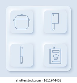Set line Cooking pot, Meat chopper, Knife and Cookbook. White square button. Vector