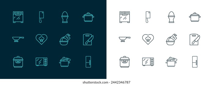 Set line Cacerola, Horno microondas, Taza de medición y tazón, Sombrero de chef, Huevo de pollo en el stand, Horno y picador de carne icono. Vector