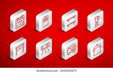Set line Cooking pot, Mobile Apps, Empty wooden shelves, Blender, Radio, Oven, Air conditioner and Furniture nightstand icon. Vector