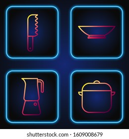 Set line Cooking pot, Moka pot, Bread knife and Bowl. Gradient color icons. Vector