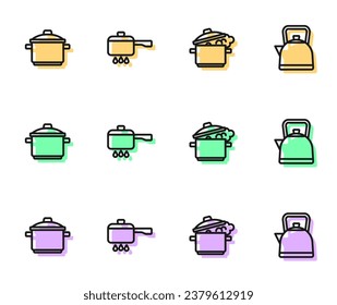 Fijar la olla de cocina en la línea, en el fuego y el botón con el icono del mango. Vector