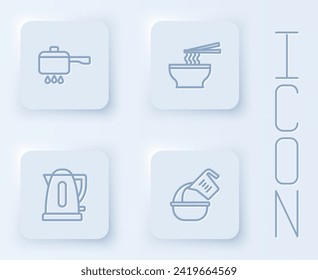 Set line Cooking pot on fire, Asian noodles bowl, Electric kettle and Measuring cup and. White square button. Vector