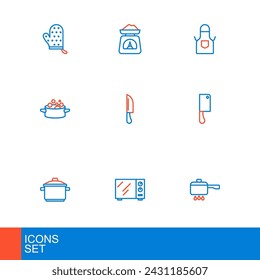 Set line Cooking pot on fire, Microwave oven, Meat chopper, Knife, Kitchen apron and Scales icon. Vector