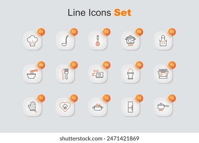 Set line Cooking pot on fire, Refrigerator, Chef hat, Oven glove, Chicken egg stand and Kitchen meat grinder icon. Vector