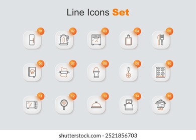 Set line Olla de cocción en el fuego, Hervidor de agua con mango, Bandeja cubierta de alimentos, Sartén de huevos fritos, Horno de microondas, Estufa de gas, Espátula y Pollo icono de pie. Vector