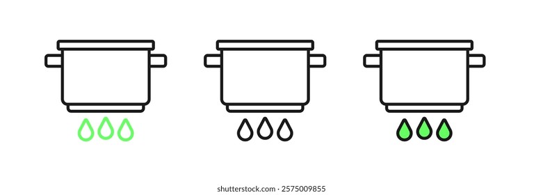 Set line Cooking pot on fire icon isolated on white background. Boil or stew food symbol.  Vector