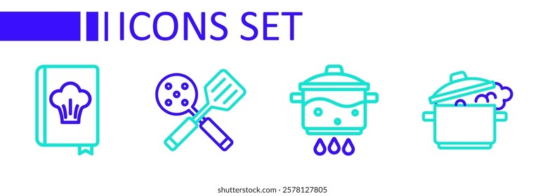 Set line Cooking pot, on fire, Spatula and Cookbook icon. Vector