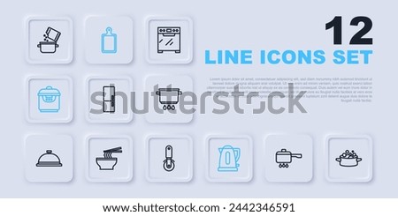 Set line Cooking pot on fire, Refrigerator, Electric kettle, Slow cooker, Asian noodles bowl, Cutting board and Pizza knife icon. Vector