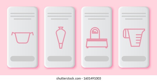 Set line Cooking pot , Pastry bag for decorate cakes, Scales  and Measuring cup. White rectangle button. Vector