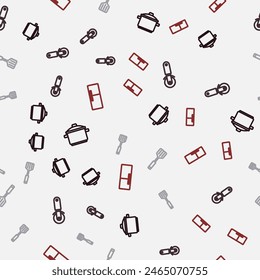 Set line Cooking pot, Pizza knife, Spatula and Refrigerator on seamless pattern. Vector
