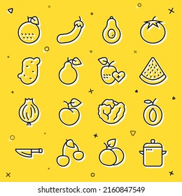 Set line Cooking pot, Plum fruit, Watermelon, Avocado, Pear, Potato, Orange and Healthy icon. Vector