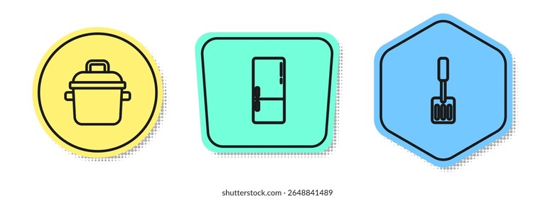 Set line Cooking pot, Refrigerator and Spatula. Colored shapes. Vector