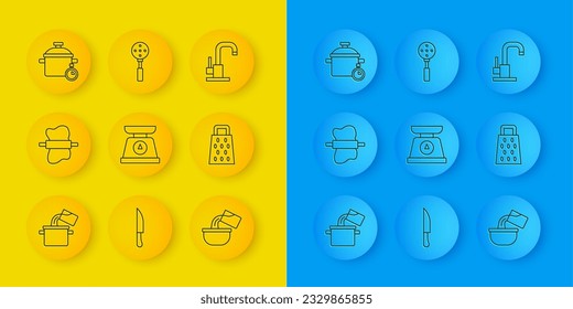 Fijar la línea de Cocina, el alfiler sobre la masa, las escalas, Saucepan, Grater, el grifo de agua y el icono de la Espatula. Vector