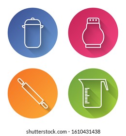 Set line Cooking pot, Salt and pepper, Rolling pin and Measuring cup. Color circle button. Vector
