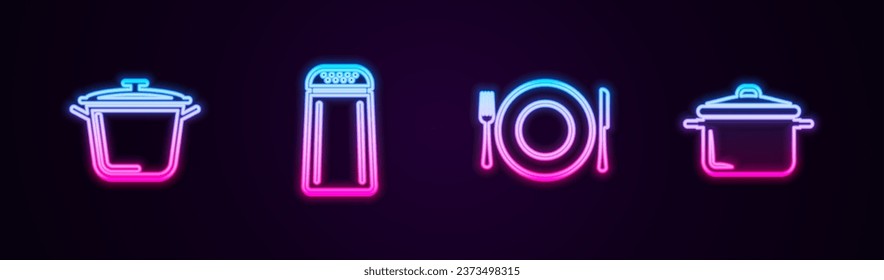 Set line Cooking pot, Salt and pepper, Plate, fork knife and . Glowing neon icon. Vector