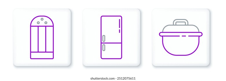 Set line Cooking pot, Salt and Refrigerator icon. Vector
