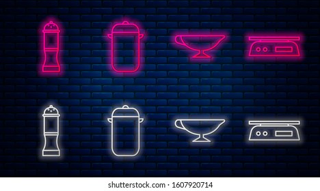 Set line Cooking pot, Sauce boat, Pepper and Electronic scales. Glowing neon icon on brick wall. Vector