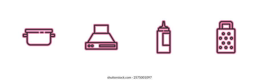 Set line Cooking pot, Sauce bottle, Kitchen extractor fan and Grater icon. Vector