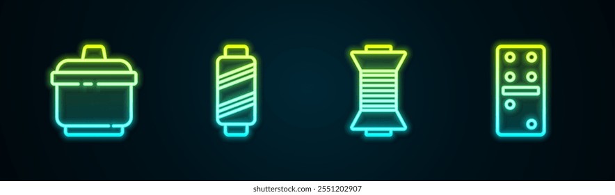 Set line Cooking pot, Sewing thread on spool,  and Domino. Glowing neon icon. Vector