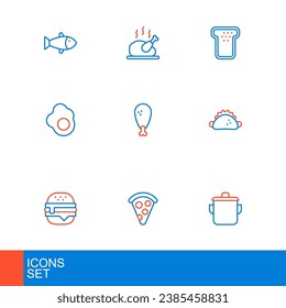 Set line Cooking pot, Slice of pizza, Burger, Taco with tortilla, Scrambled egg, Chicken leg, Bread toast and Roasted turkey chicken icon. Vector